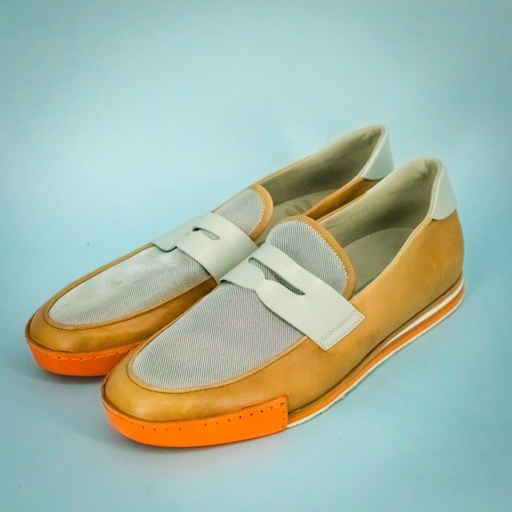 Dirk Bikkembergs 44 Size 10.5 US Tan Orange Grey Leather Metal Loafers Shoes